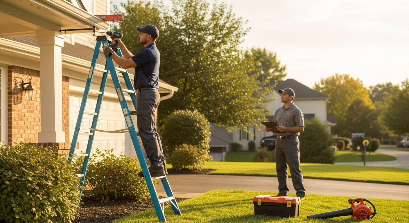 Two contractors on a ladder and roof inspecting and repairing gutters on a suburban home exterior on a crisp autumn morning
