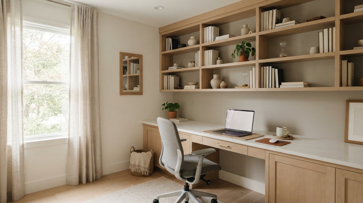 Wall-to-wall built-in desk with light oak cabinets, white quartz top, laptop, mug, shelves with books and a plant,…