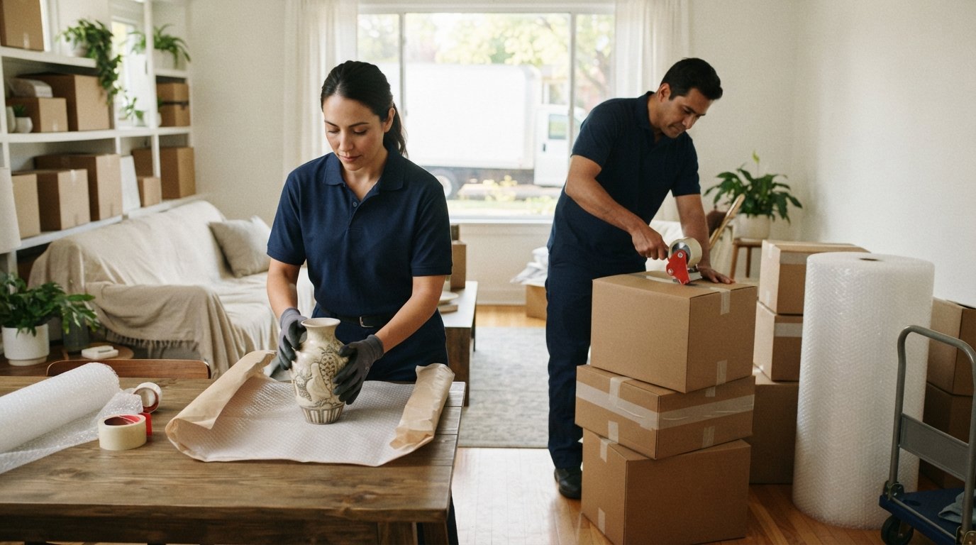 Two movers in navy uniforms wrap a ceramic vase and tape a box in a bright living room with packing supplies nearby