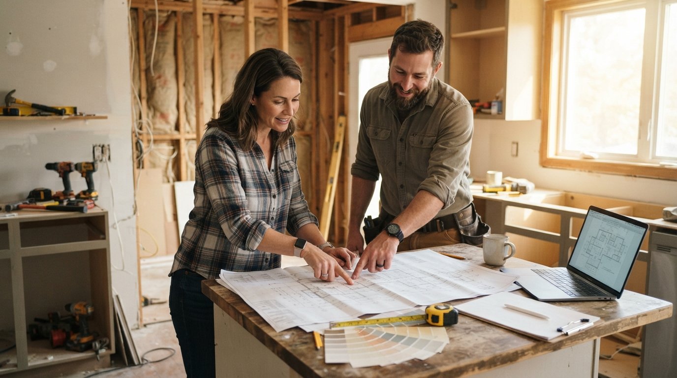 Homeowner and contractor in casual work clothes reviewing blueprints and permit documents on a kitchen island in a…