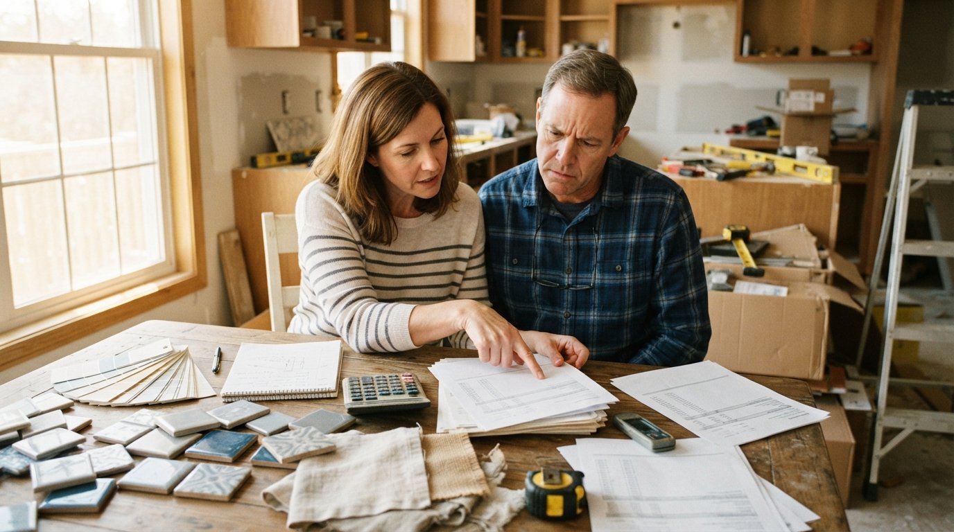 Couple at a sunlit kitchen table with tile samples, paint swatches, fabric squares, a calculator, and contractor estimates,…