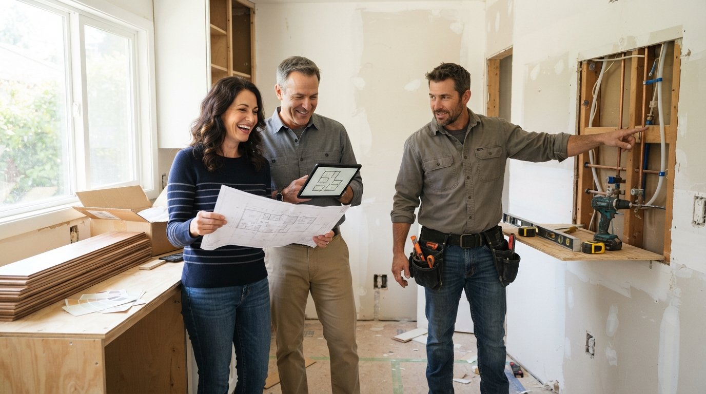Smiling couple and contractor reviewing blueprints and tablet in a half-renovated kitchen with exposed plumbing and stacked…