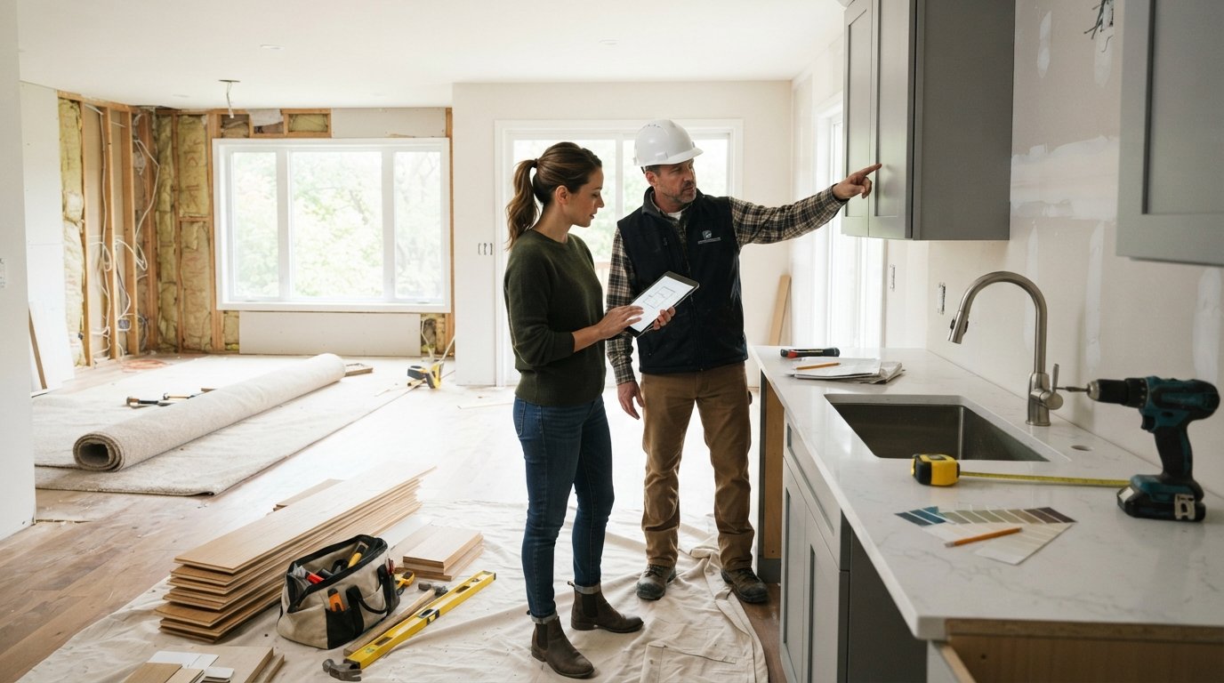 Homeowner with tablet and contractor in hard hat reviewing exposed drywall and new cabinetry during a kitchen remodel