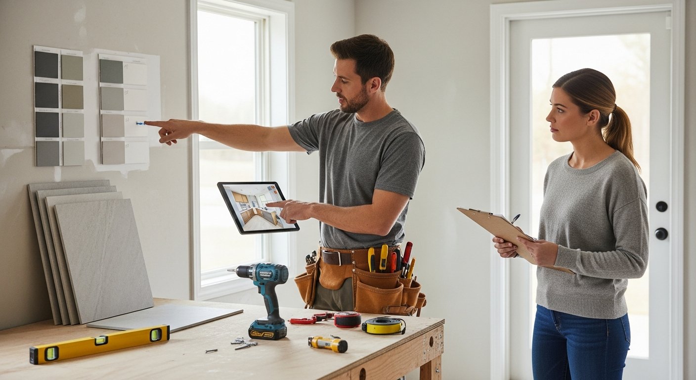 Contractor holding tablet and clipboard points to exposed wall studs in a kitchen under renovation while a homeowner looks…