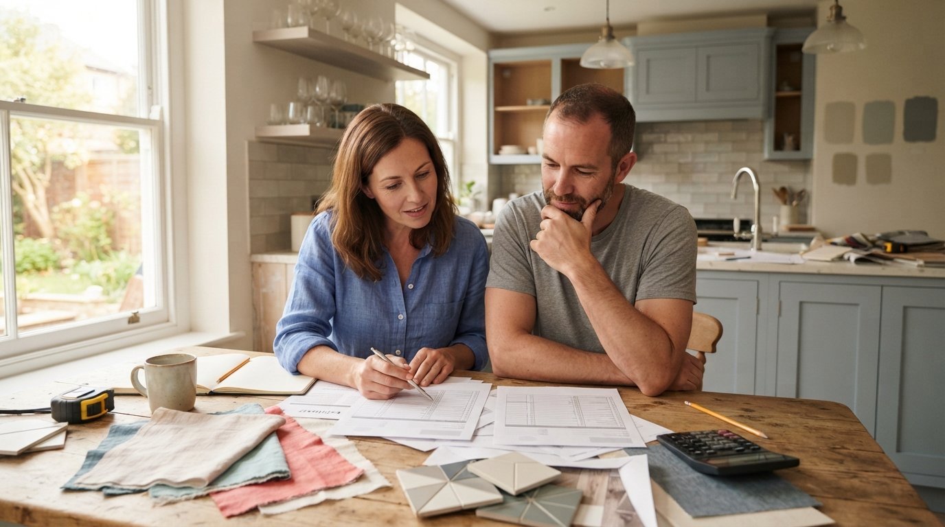 Couple comparing contractor estimate sheets at a kitchen table with tile samples, fabric swatches, and a calculator