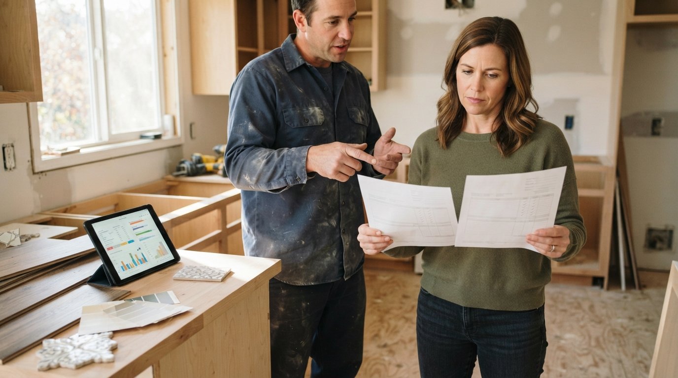 Homeowner in casual clothes holds two printed remodeling quotes while a contractor points at them in a bright, unfinished…