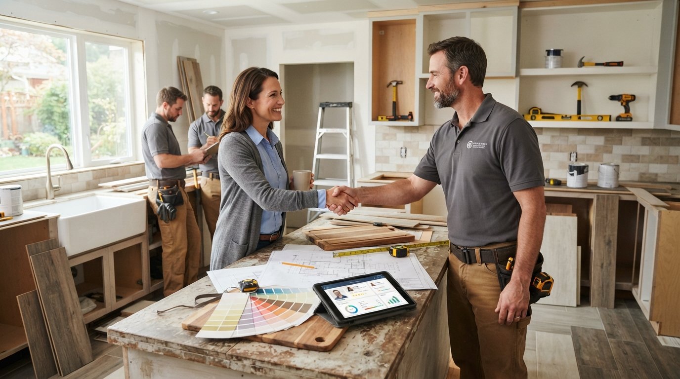 Homeowner and contractor shaking hands over a kitchen island with blueprints, paint swatches, and a tablet showing a…