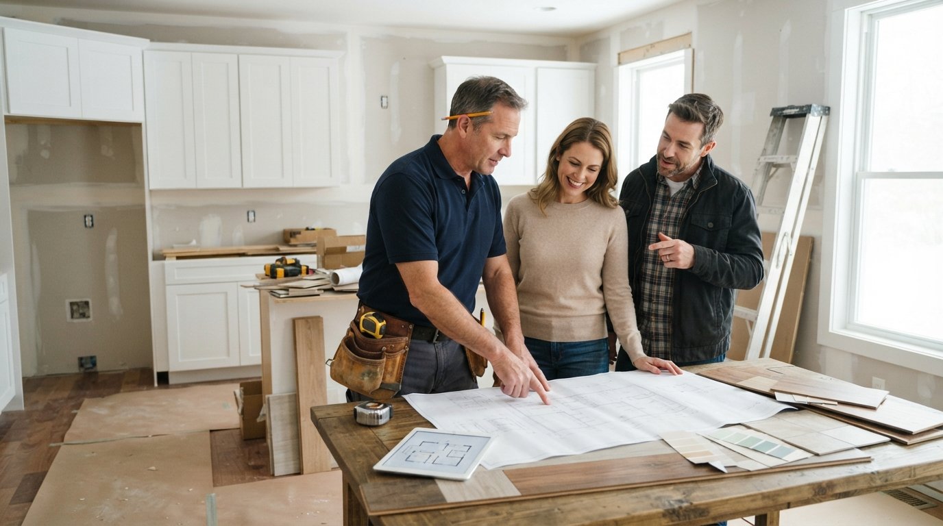Contractor in a navy polo and tool belt reviewing blueprints with a couple at a table with paint swatches, flooring…