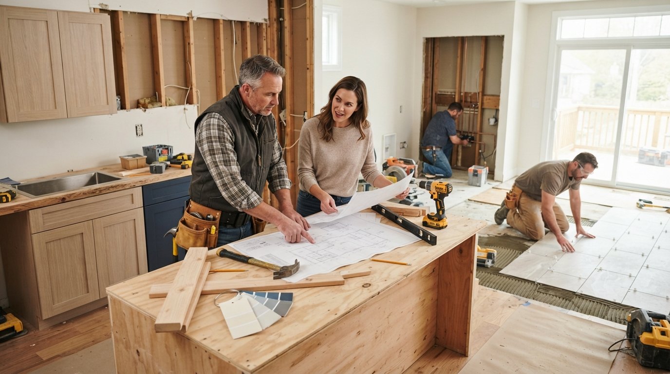 Contractor in a tool belt and homeowner review blueprints at a kitchen island with paint swatches, lumber, and exposed wall…