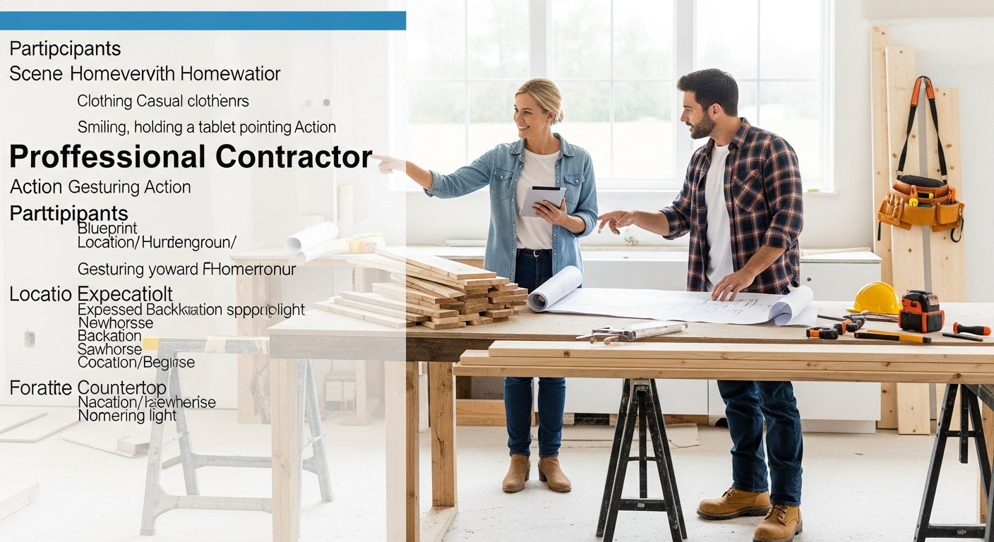 Smiling homeowner with tablet points at a wall while a contractor in a plaid shirt gestures to blueprints on a countertop…
