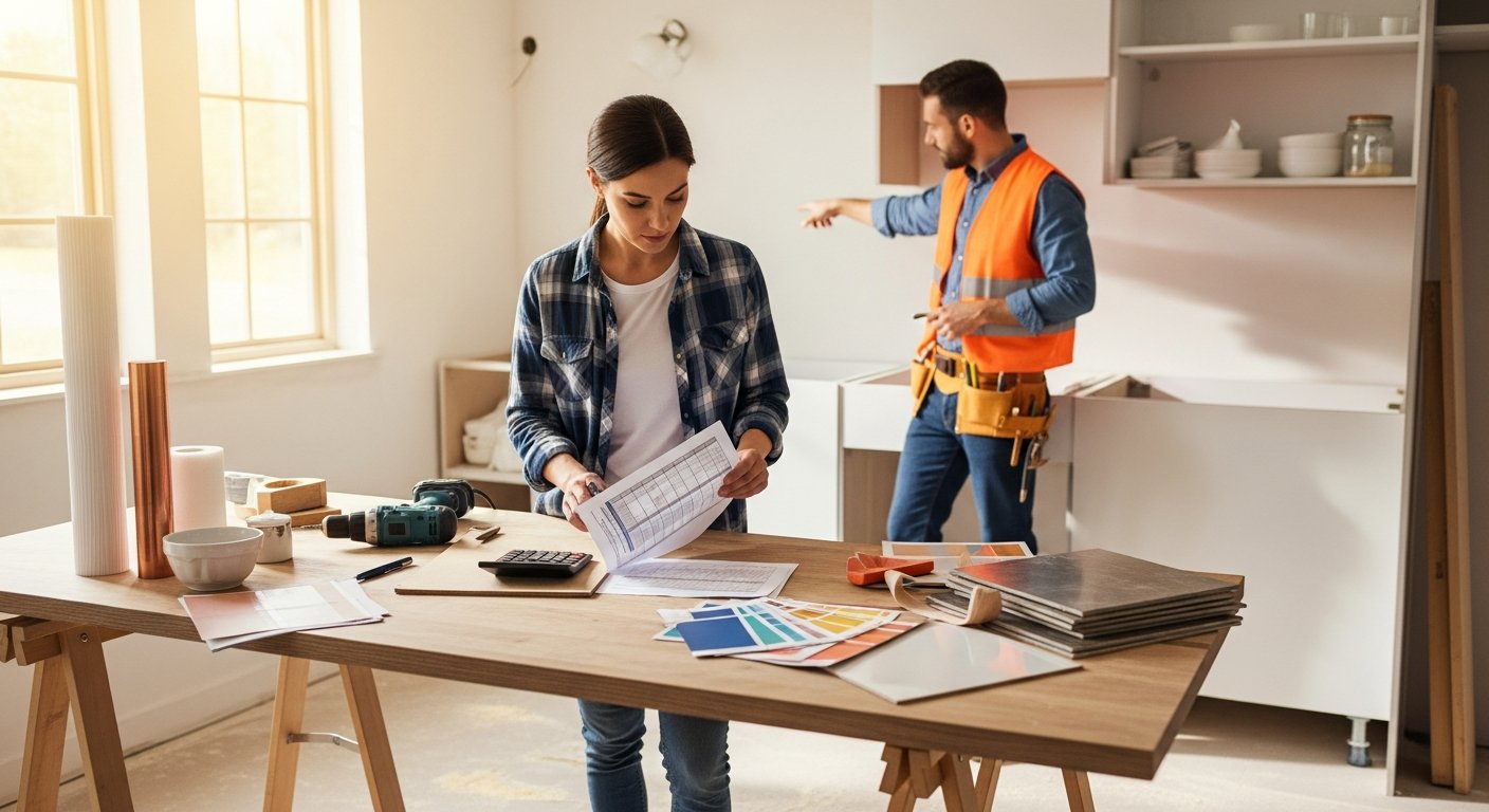 Woman in flannel shirt reviews a budget spreadsheet with a contractor in a work vest inside a kitchen under renovation