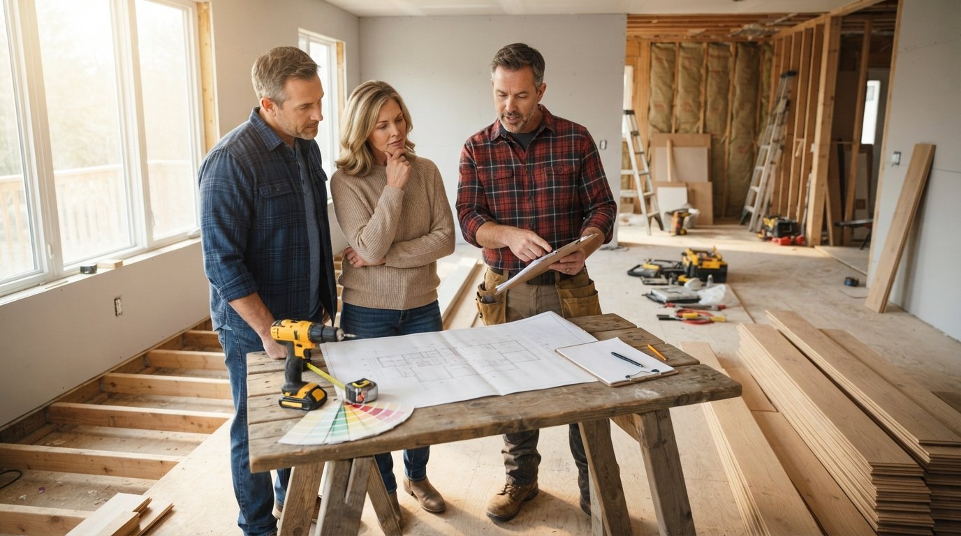 Contractor shows a cost breakdown on a clipboard to a couple reviewing blueprints at a sawhorse table in a sunlit room…