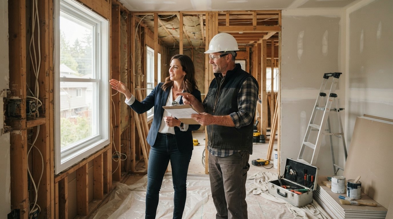 Homeowner and contractor in hard hat review a clipboard inside a partially renovated room with exposed wooden studs, fresh…