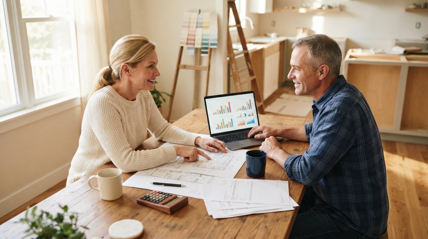 Couple reviewing documents, laptop charts, calculator and blueprints at a sunlit kitchen table with paint swatches and a…