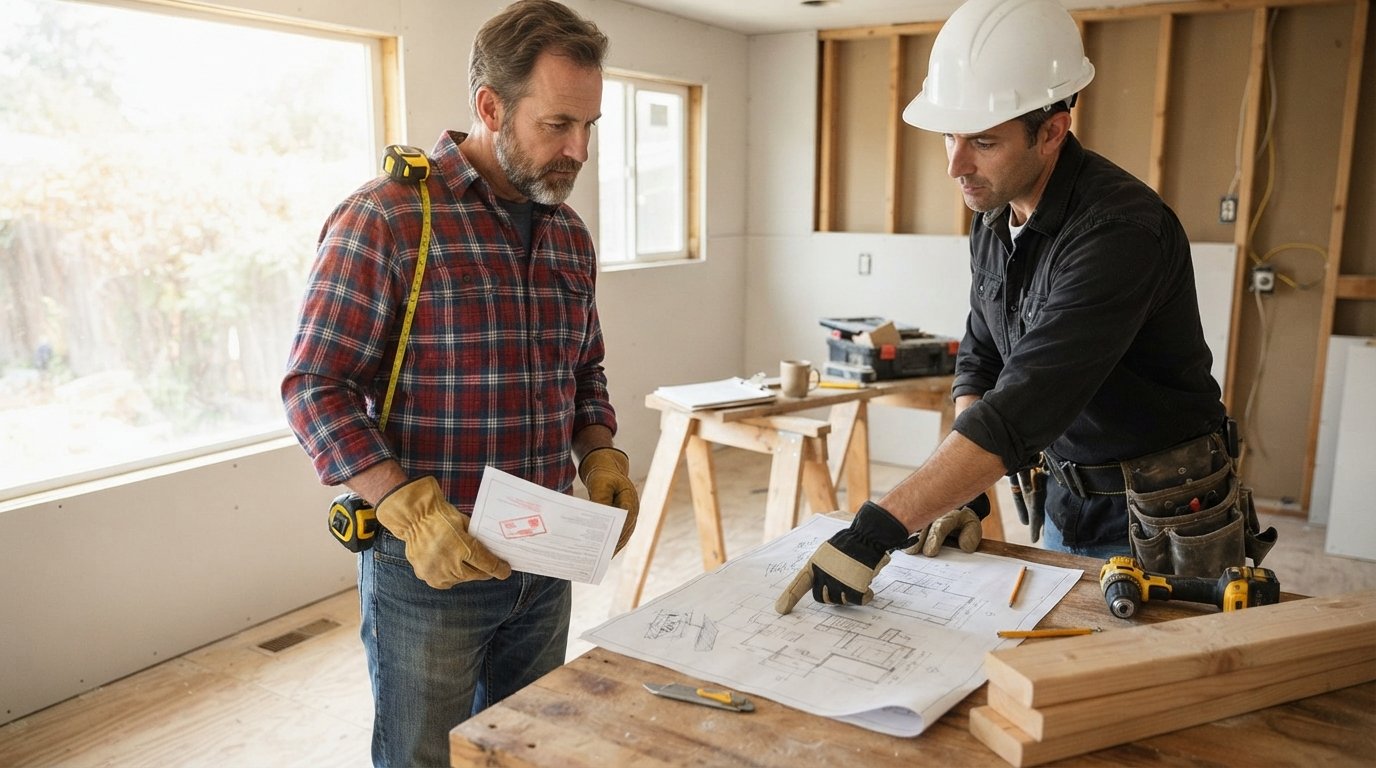 Homeowner holding a stamped permit document while contractor points at blueprint in a renovated kitchen