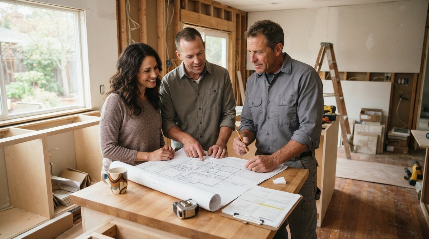Couple and contractor reviewing blueprints and permit paperwork at a kitchen island in an unfinished kitchen