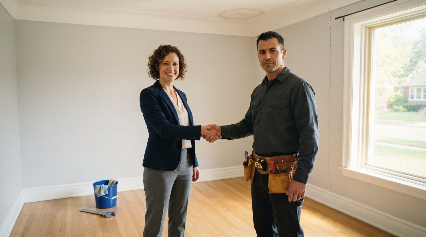 Female property manager in business casual attire shakes hands with a contractor wearing a tool belt inside a sunlit rental…