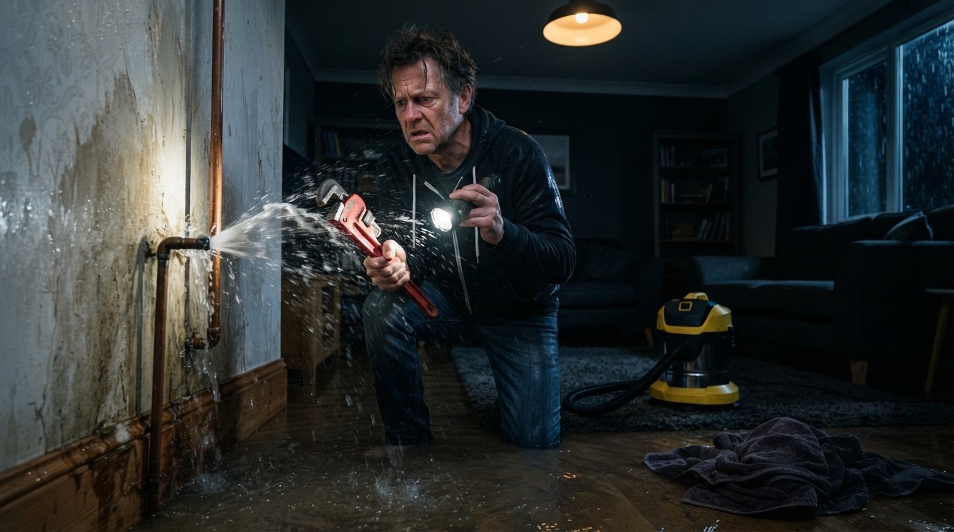 Homeowner in a rain-streaked living room at night gripping a red pipe wrench, flashlight beam aimed at a burst pipe…