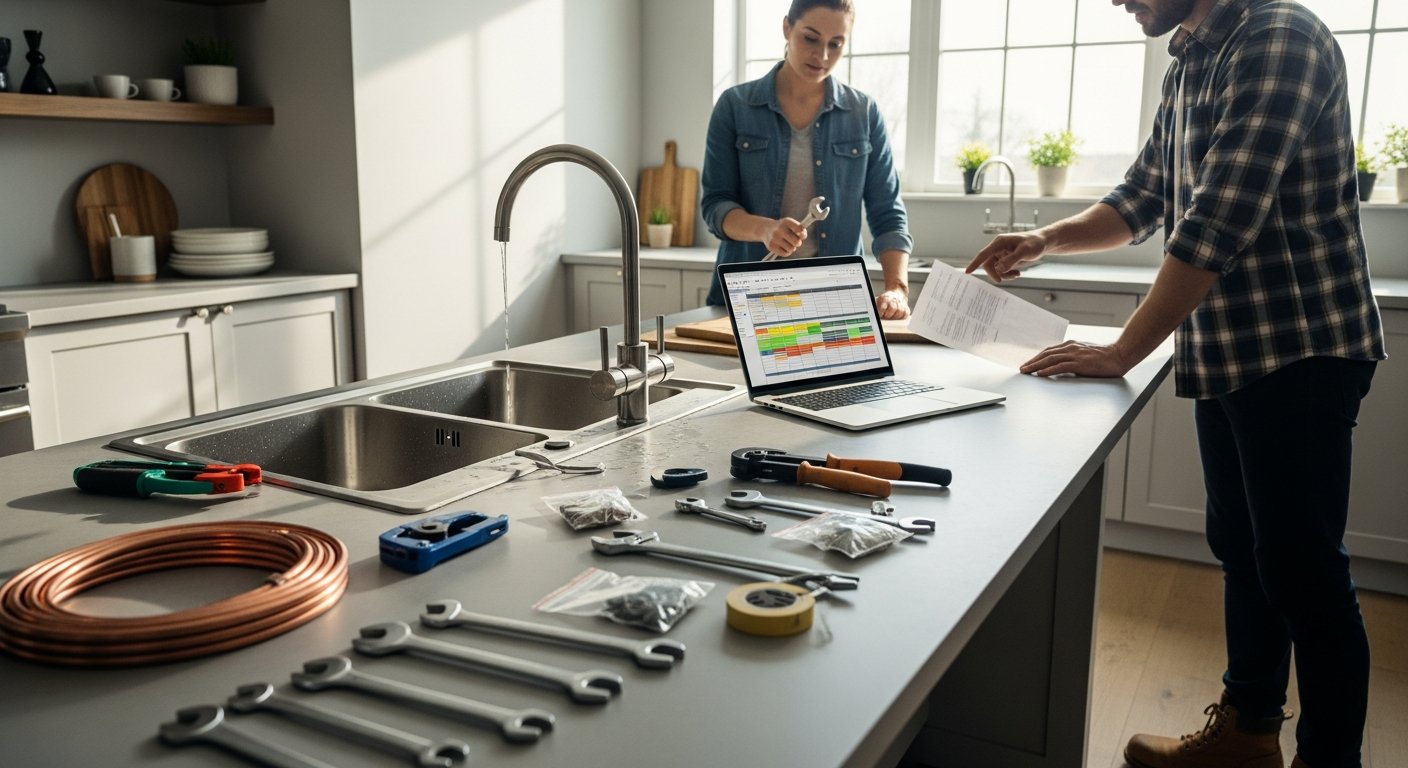 Homeowner holding a wrench beside a kitchen sink while a contractor points at a printed quote sheet and a laptop shows a…