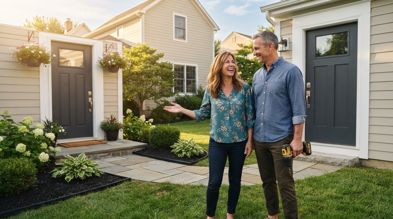 Smiling couple standing on lawn in front of suburban house with new dark gray front door, white trim, and mulched garden beds