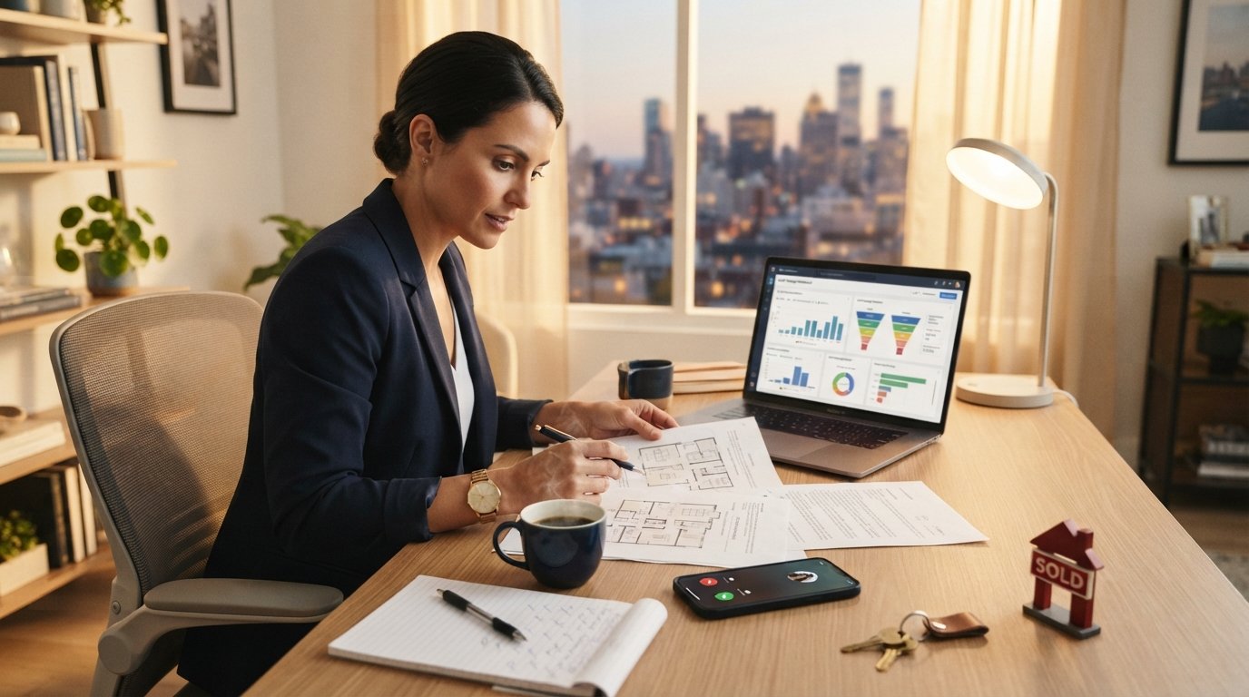 Real estate agent at a desk reviewing property documents beside a laptop showing a lead dashboard, with a smartphone, house…