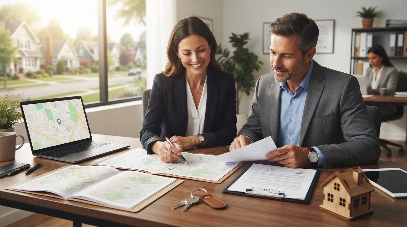Real estate agent and mortgage loan officer in business attire review listing documents and a map at a modern office desk…