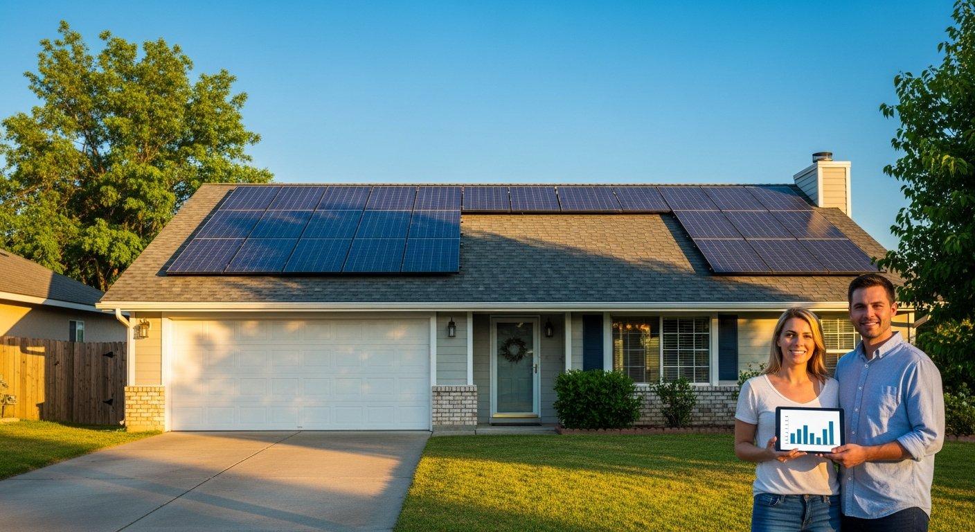 Smiling man and woman stand on a sunny lawn beside a modern house with dark blue solar panels on the roof, holding a tablet…