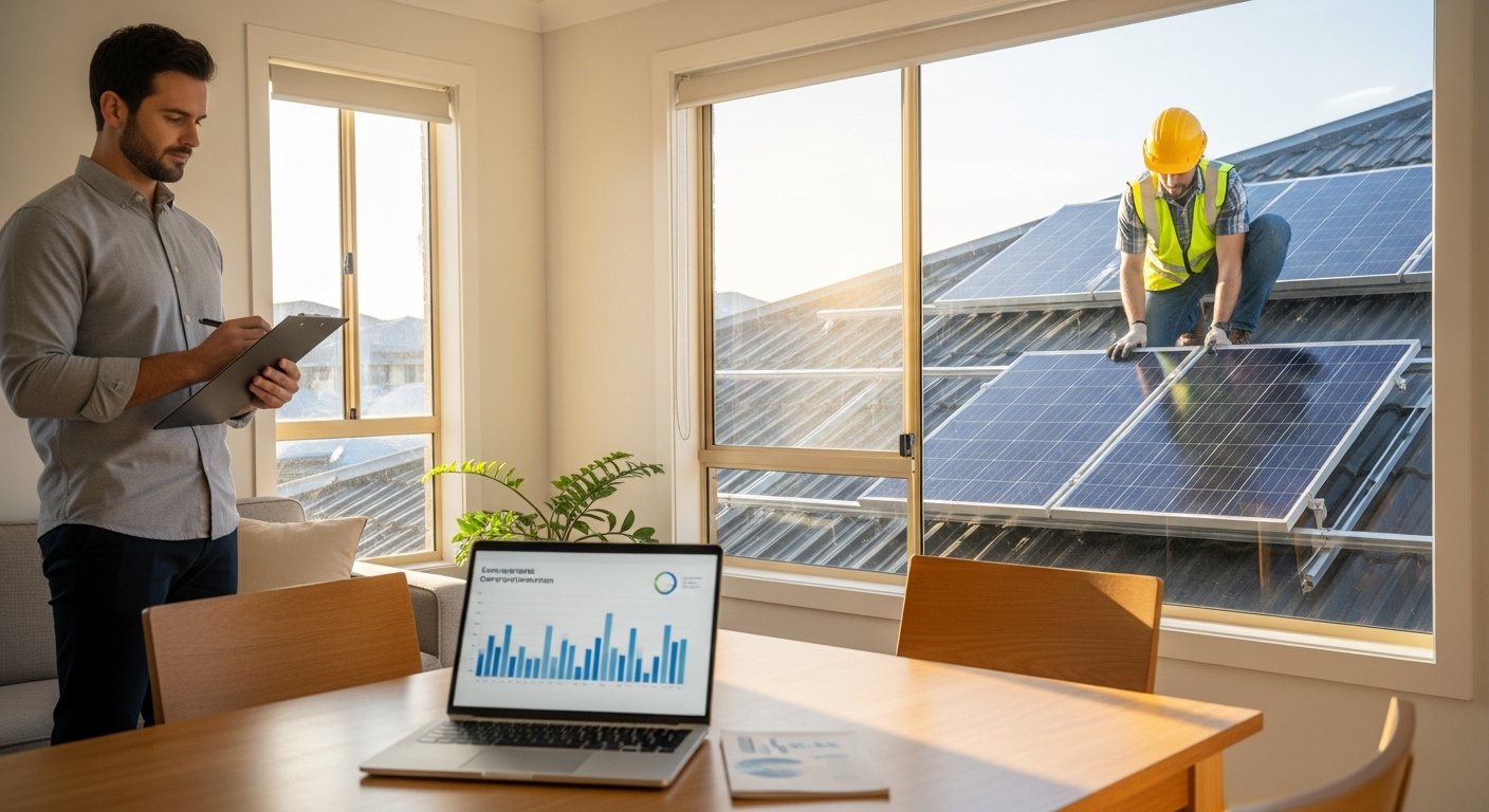 Homeowner with clipboard reviewing solar checklist while technician installs panel on roof outside window