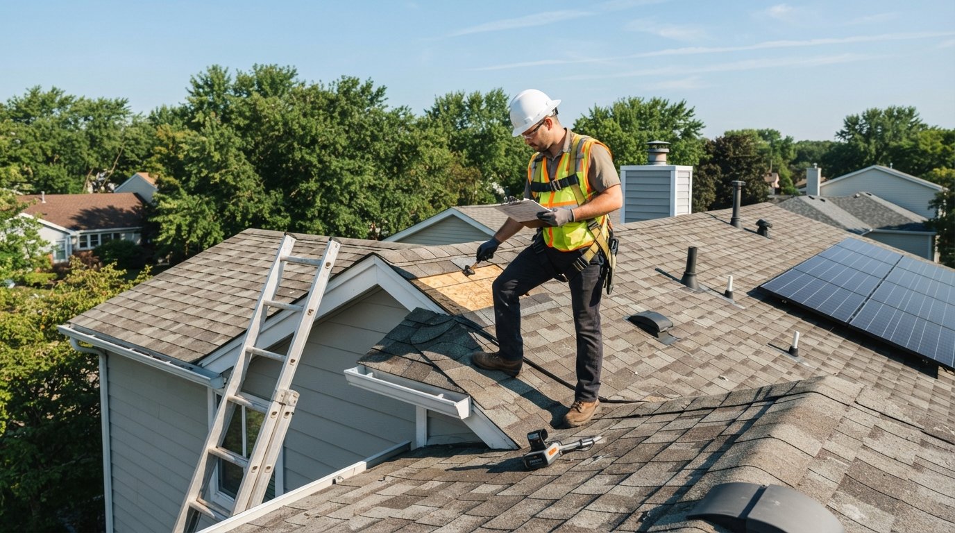 Solar assessor in hard hat and vest on a shingled roof with clipboard, ladder at the gutter, and shade-measuring tool nearby