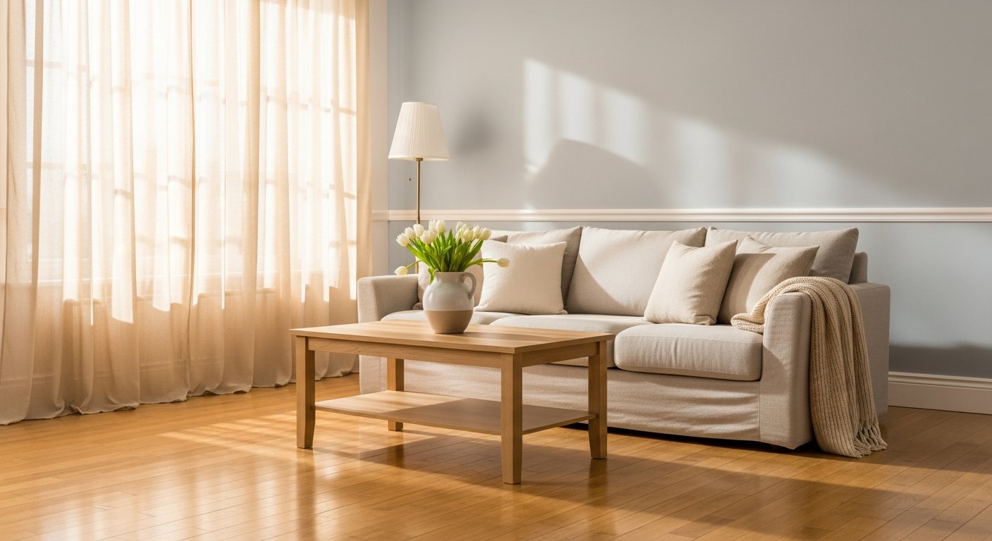 Real estate agent gesturing toward a staged living room with neutral sofa, white tulips, and sunlight streaming through…