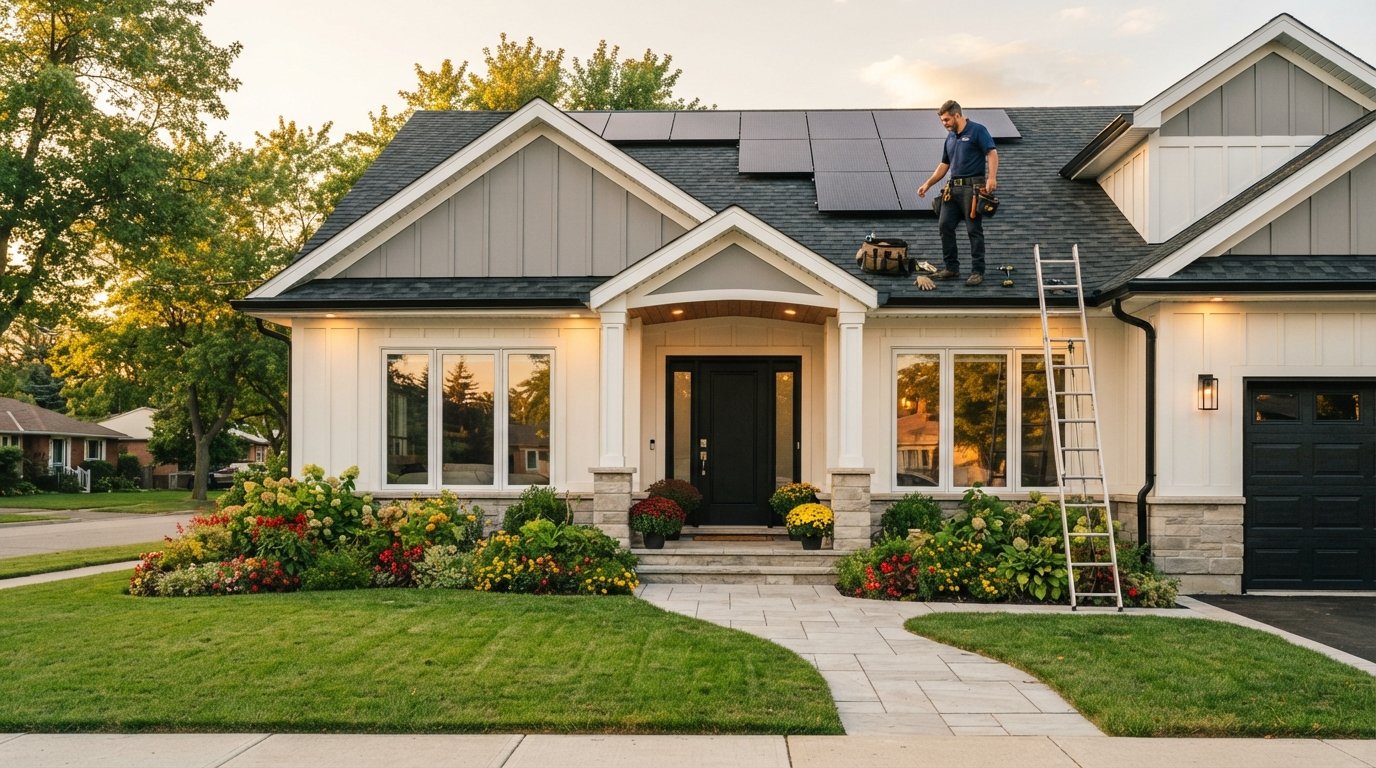 Bright suburban home with new siding, roof, black front door, stone walkway, colorful flower beds, and contractor…