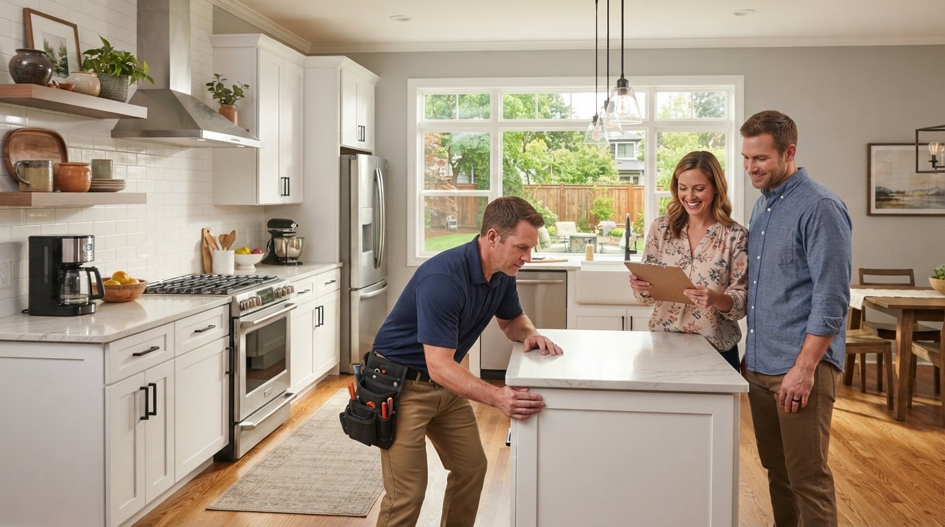 Contractor in navy polo and tool belt inspecting white shaker cabinets and quartz counters while a couple reviews a…