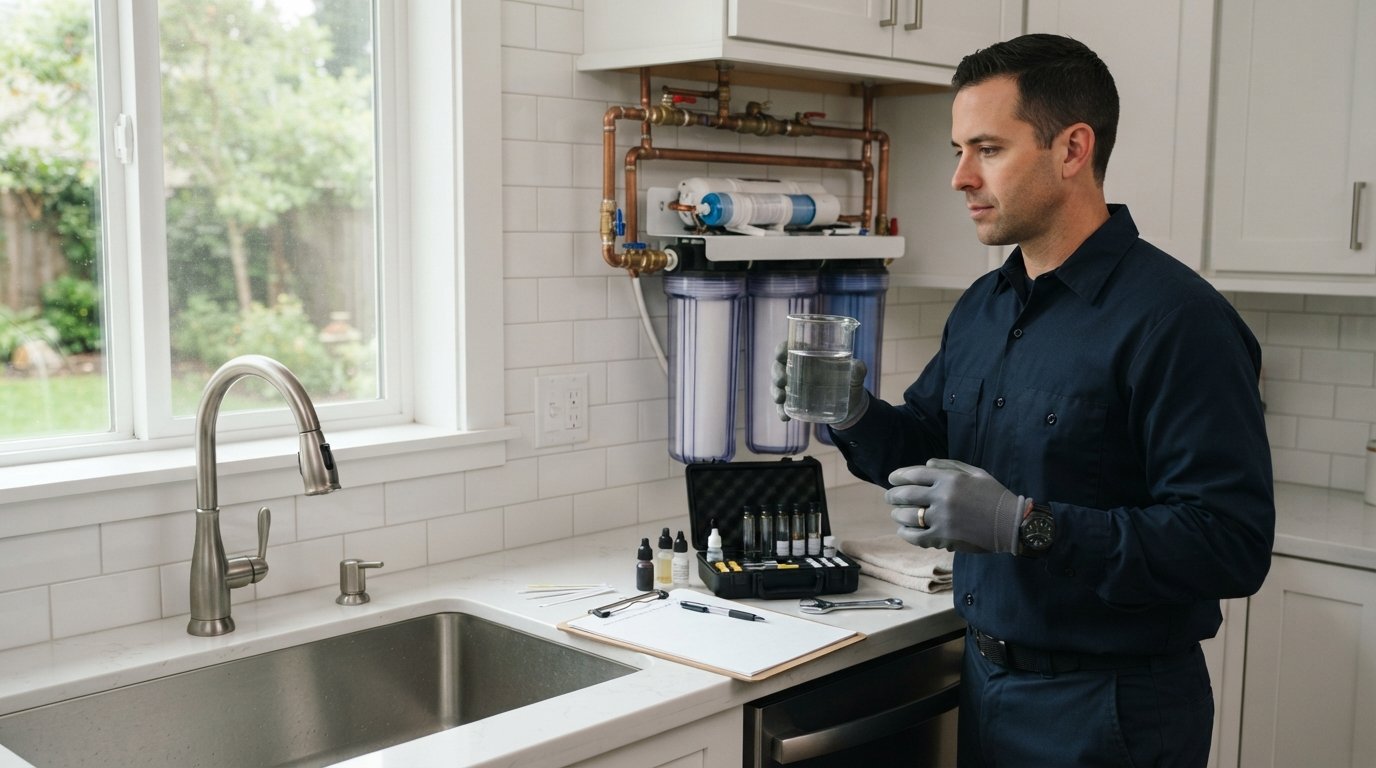 Plumber in navy uniform holding a glass beaker of water by a kitchen sink, with a multi-stage whole house water filter…