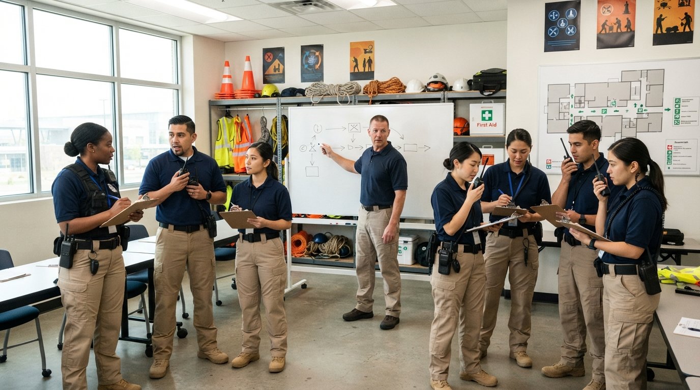 Adult students in navy uniforms and khaki pants practice emergency drills with clipboards and radios in a classroom while…