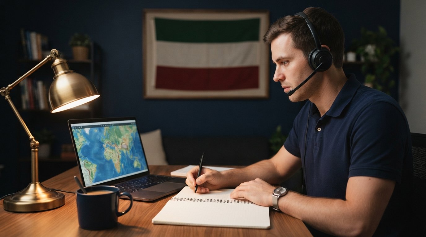 Adult student in navy polo at a home desk wearing a headset, viewing an unmarked map on a laptop beside a notebook, pen,…