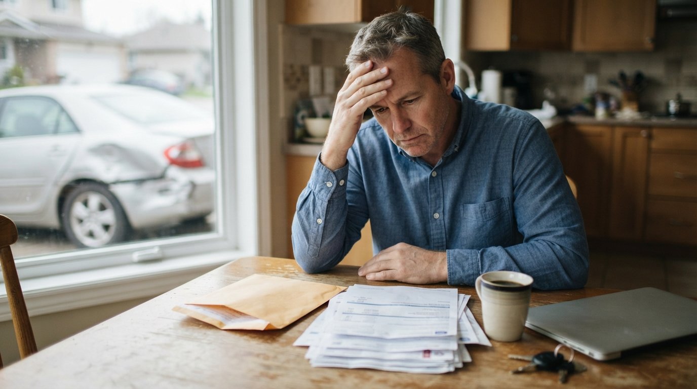 Stressed middle-aged man in a blue shirt at a kitchen table, hand to forehead, looking at an open envelope and medical…