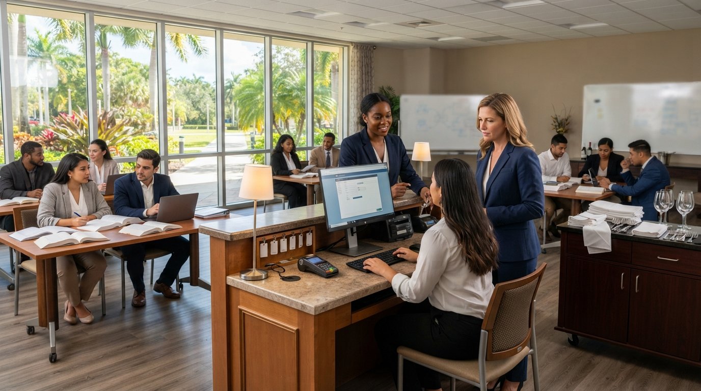 Adult students in business-casual attire practice hotel check-in at a modern reception counter while an instructor in a…