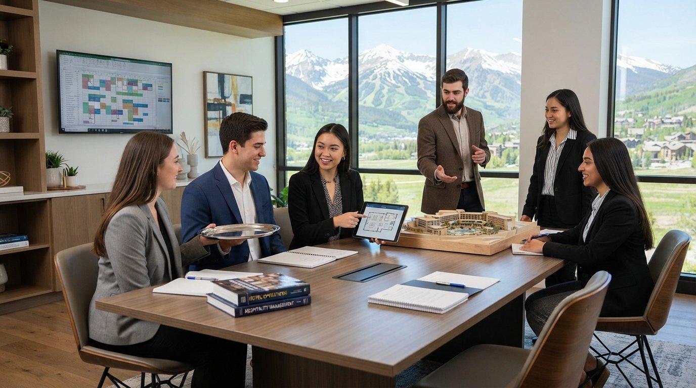 Students in business attire review event layouts on a tablet and a wall monitor in a bright university suite with mountain…