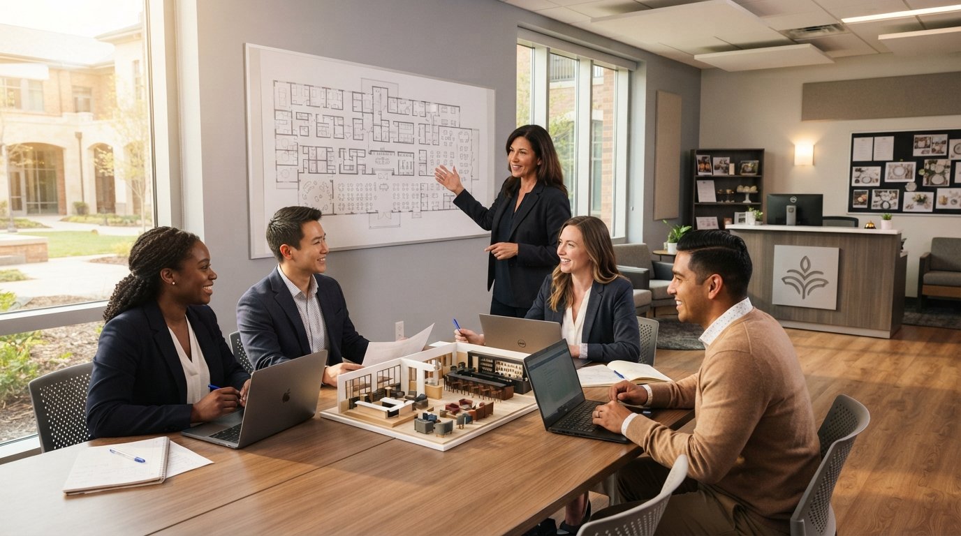 Four adult students in business-casual attire collaborate around a table with laptops and a hotel lobby model while an…