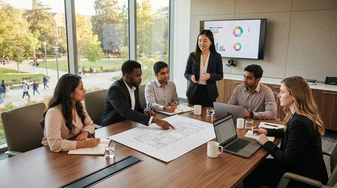 Diverse graduate students in business attire collaborate around a conference table with laptops, notebooks, and a…