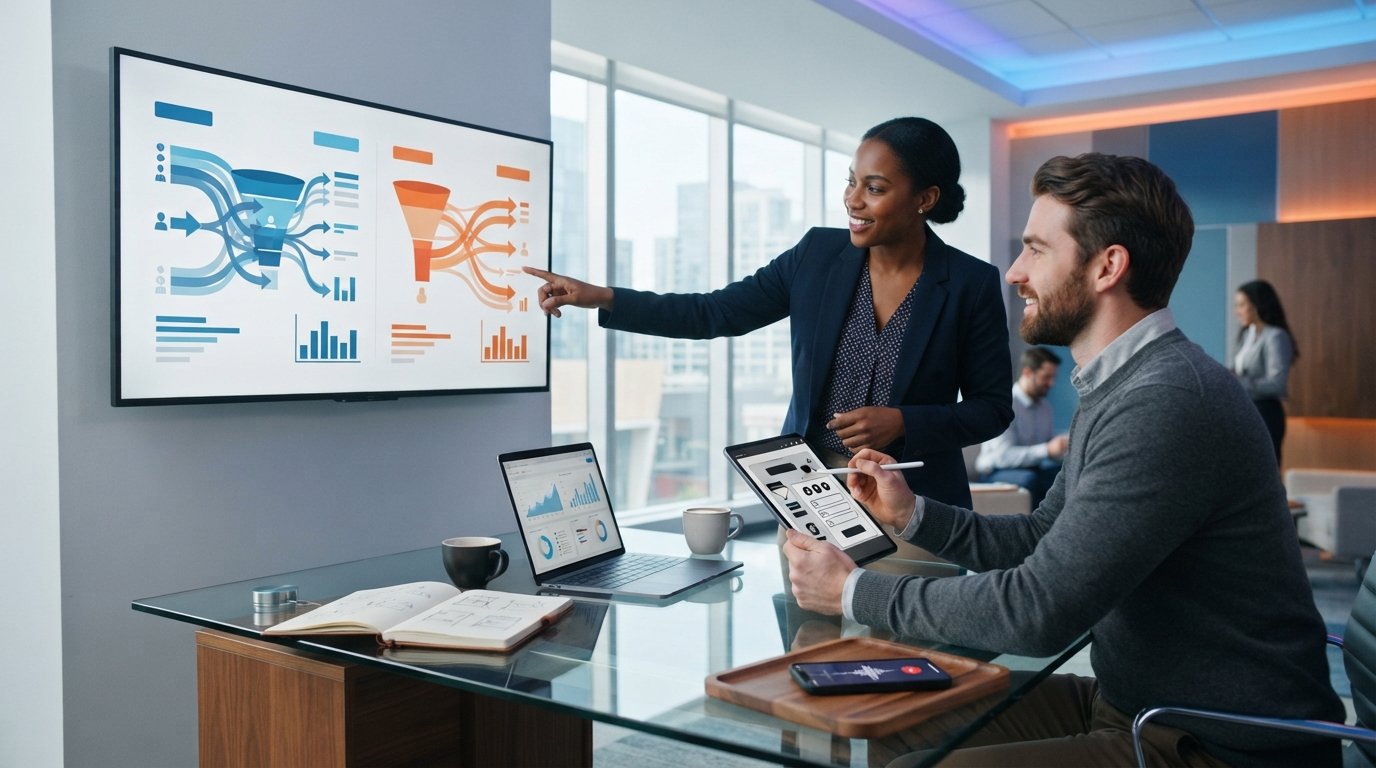 Two professionals at a glass desk review a monitor showing split-screen lead delivery pipelines and funnel graphics.