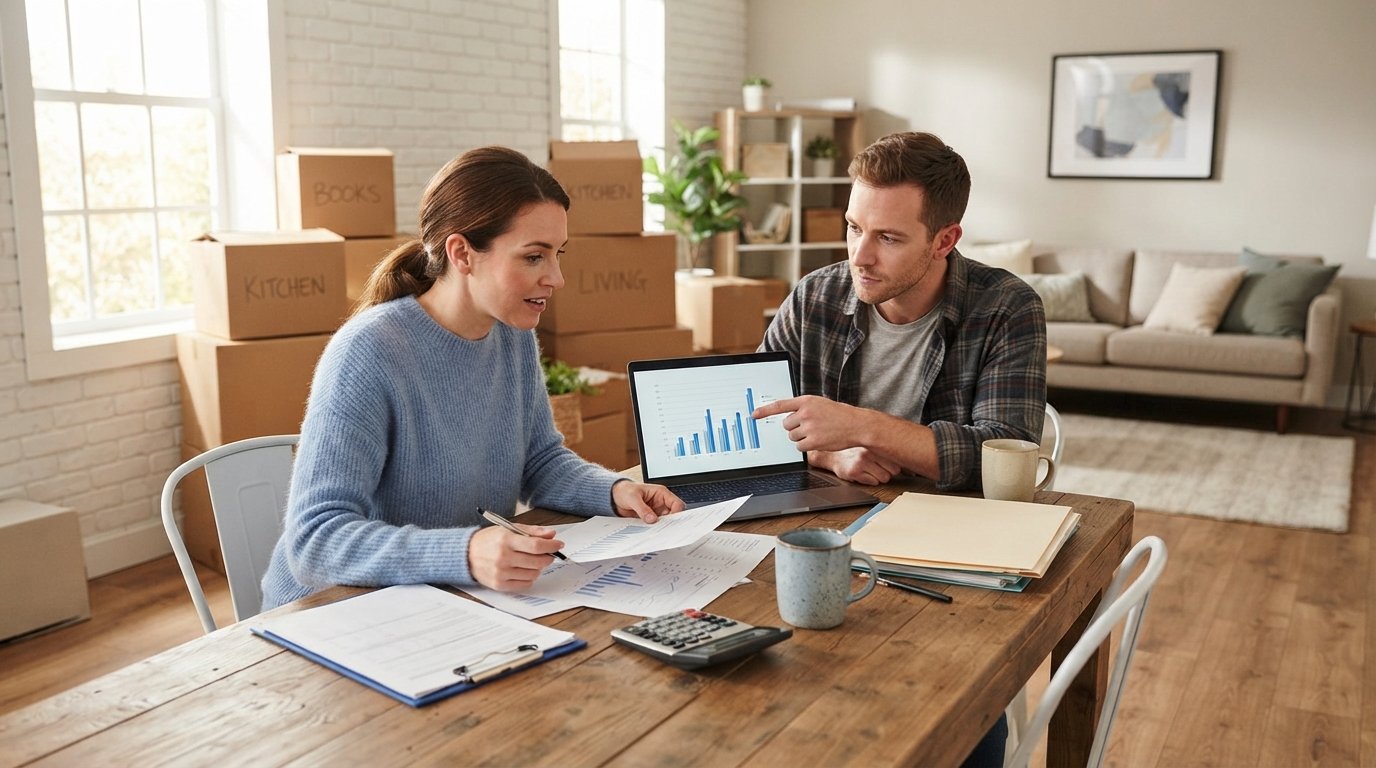 Two adults at a wooden table reviewing printed quotes and a laptop with comparison charts, moving boxes stacked behind them