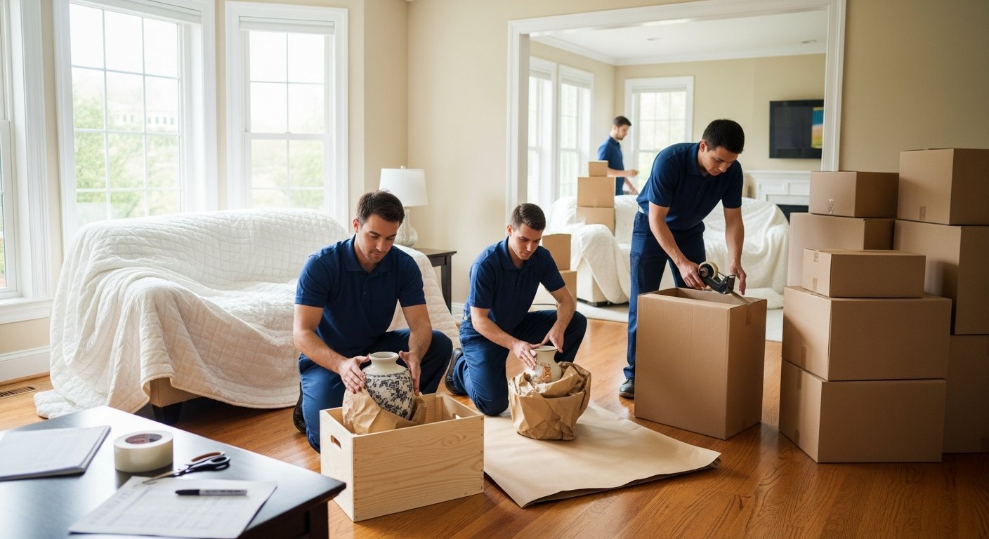 Professional movers in navy uniforms wrap a ceramic vase and tape a cardboard box in a bright living room