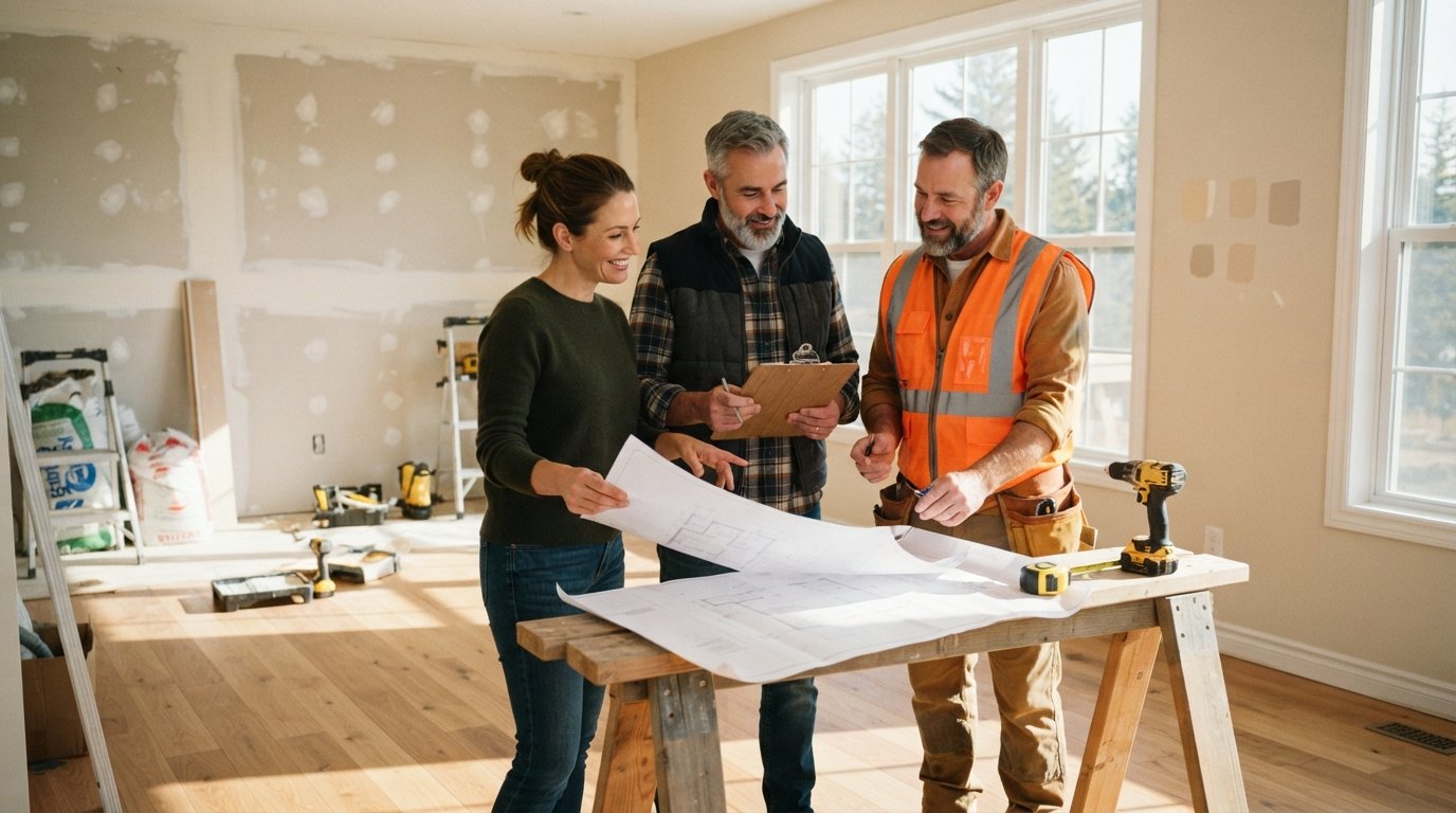 Couple in their 40s and a contractor in a work vest review blueprints in a half-renovated living room with exposed drywall,…