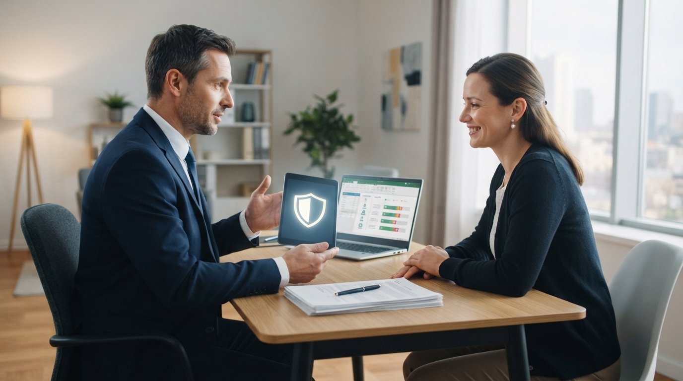 Financial advisor in navy suit holds tablet with shield icon while a relieved client sits across a modern desk