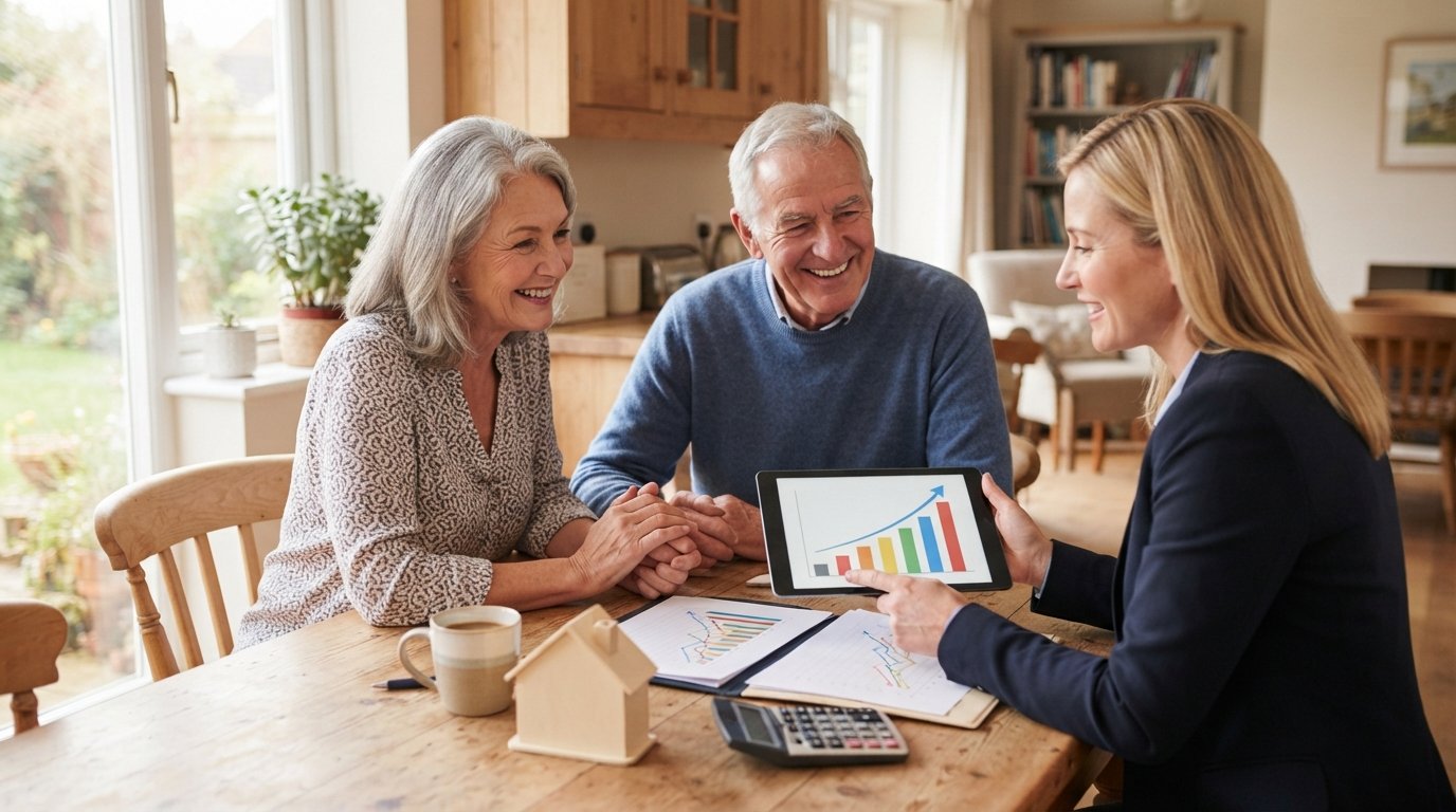 Senior couple at a kitchen table with an advisor, looking at a rising bar chart on a tablet beside printed graphs, a model…
