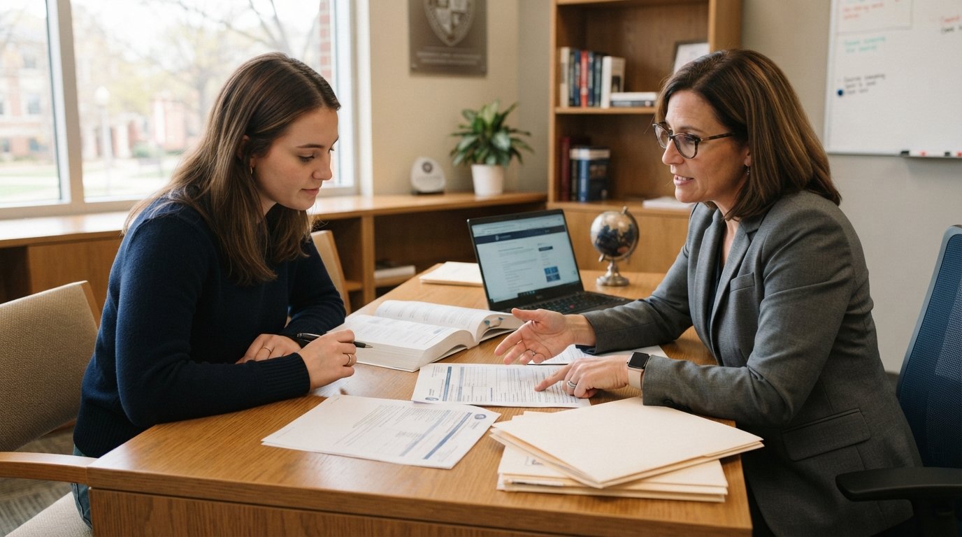 Academic advisor points to a printed page while a student reviews transfer credit documents and a course catalog at a…
