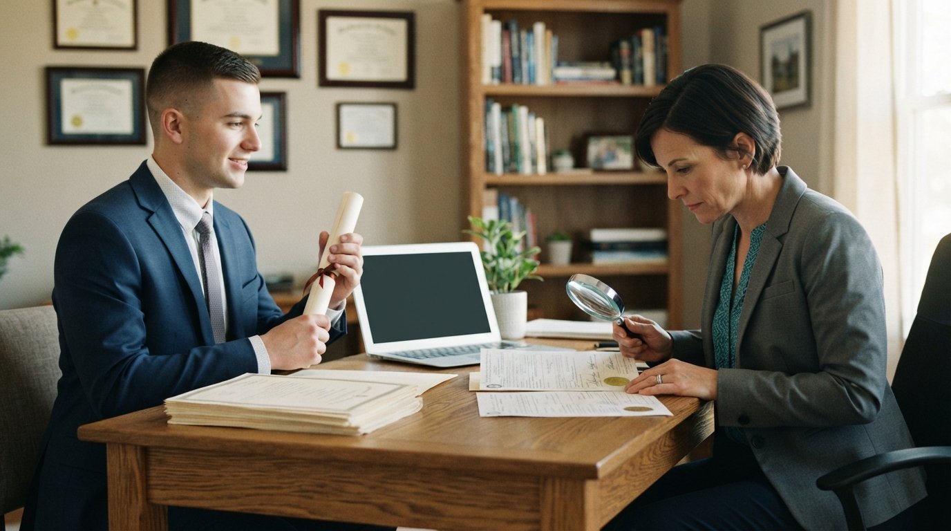 Graduate in a navy suit holds a diploma at a desk while a licensing board reviewer examines paperwork with a magnifying…