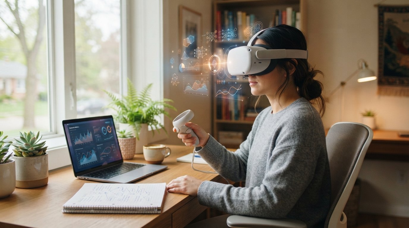 Adult learner at a home desk wears a VR headset and holds a controller, with a laptop showing an interactive statistics…