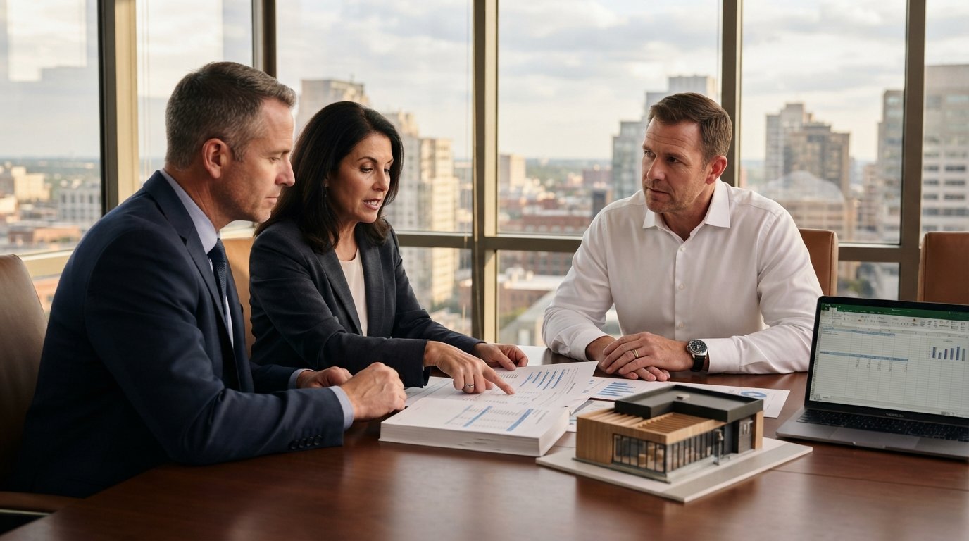 Two attorneys in dark suits review financial documents and a valuation report with a business owner across a mahogany…